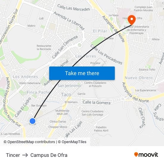 Tincer to Campus De Ofra map