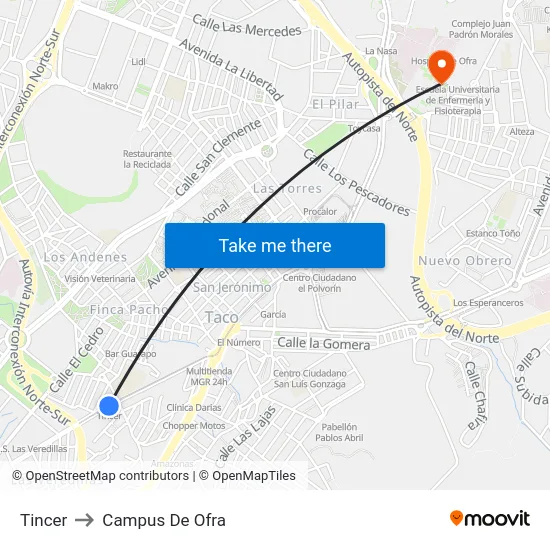 Tincer to Campus De Ofra map