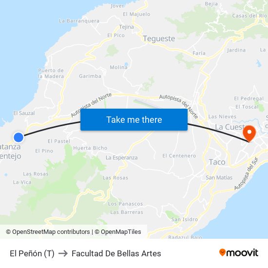 El Peñón (T) to Facultad De Bellas Artes map