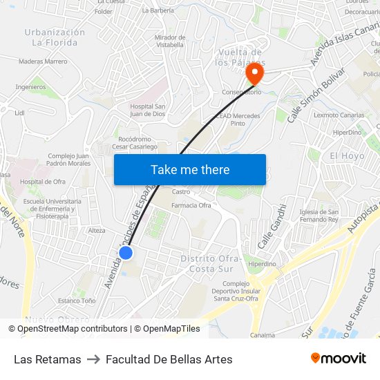 Las Retamas to Facultad De Bellas Artes map