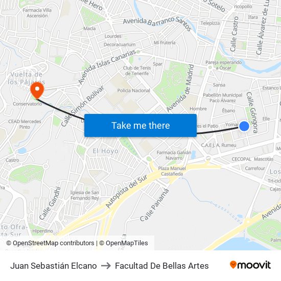 Juan Sebastián Elcano to Facultad De Bellas Artes map