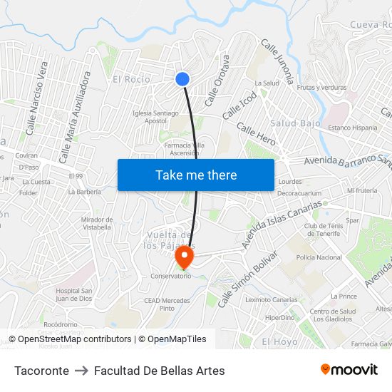 Tacoronte to Facultad De Bellas Artes map