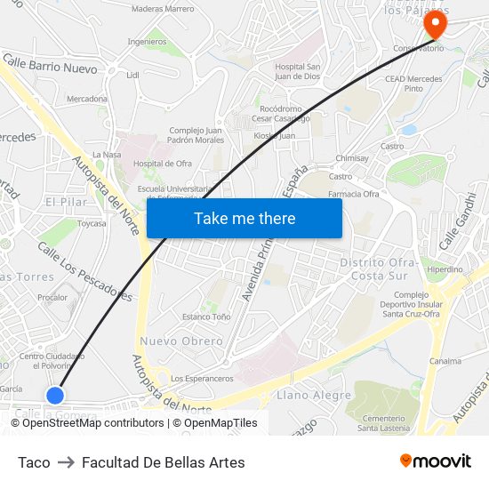 Taco to Facultad De Bellas Artes map