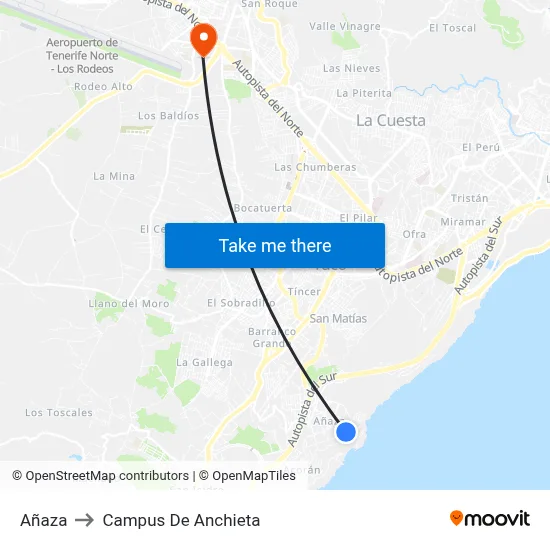 Añaza to Campus De Anchieta map