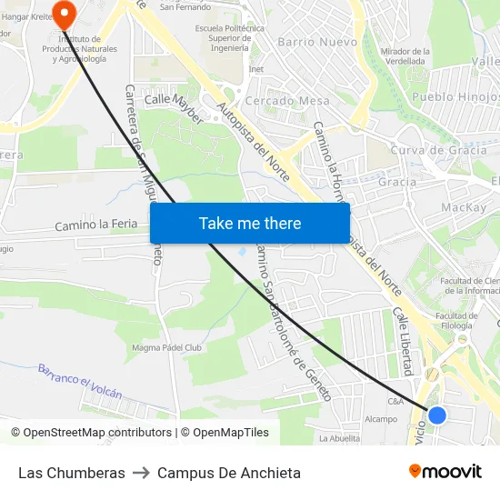 Las Chumberas to Campus De Anchieta map
