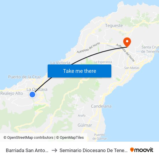 Barriada San Antonio to Seminario Diocesano De Tenerife map