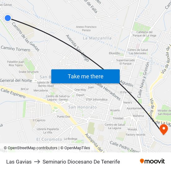 Las Gavias to Seminario Diocesano De Tenerife map