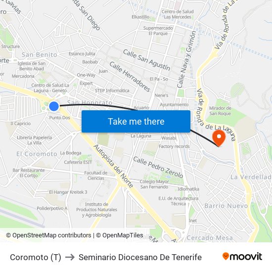 Coromoto (T) to Seminario Diocesano De Tenerife map