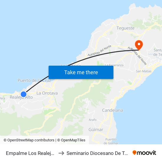 Empalme Los Realejos (T) to Seminario Diocesano De Tenerife map