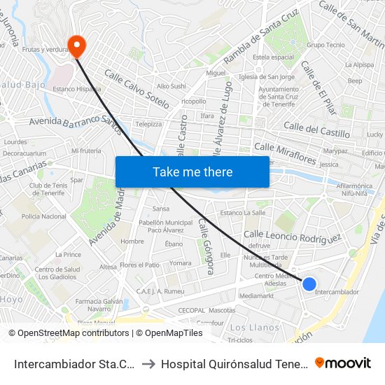 Intercambiador Sta.Cruz to Hospital Quirónsalud Tenerife map