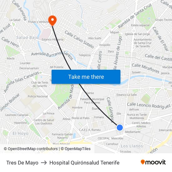 Tres De Mayo to Hospital Quirónsalud Tenerife map