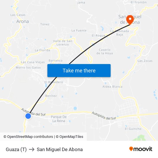 Guaza (T) to San Miguel De Abona map
