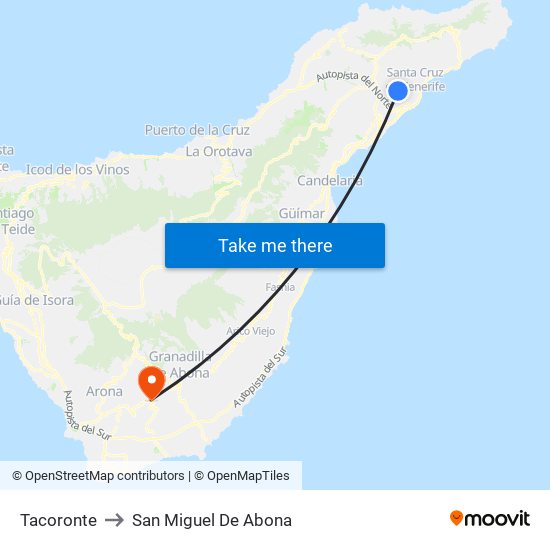 Tacoronte to San Miguel De Abona map