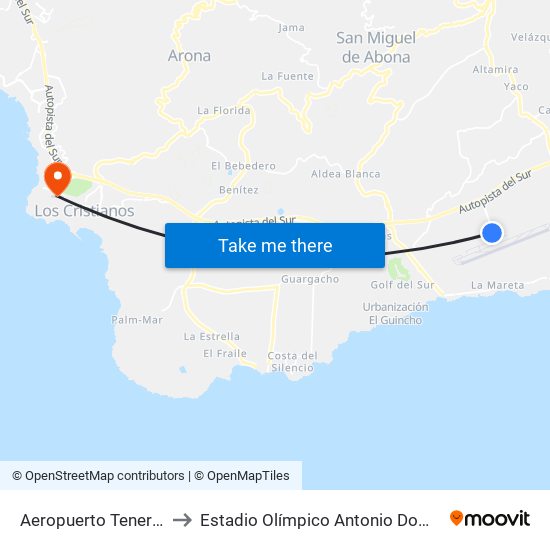 Aeropuerto Tenerife Sur (T) to Estadio Olímpico Antonio Domínguez Alfonso map