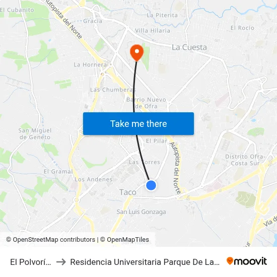 El Polvorín II to Residencia Universitaria Parque De Las Islas map