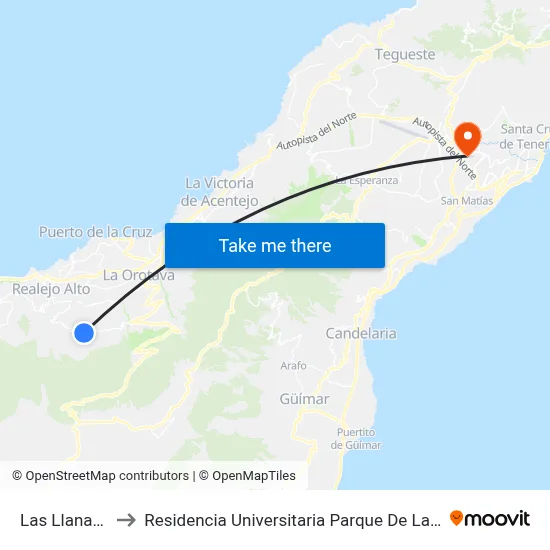 Las Llanadas to Residencia Universitaria Parque De Las Islas map