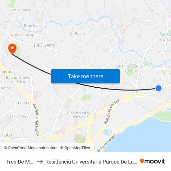 Tres De Mayo to Residencia Universitaria Parque De Las Islas map