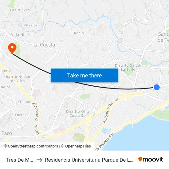Tres De Mayo to Residencia Universitaria Parque De Las Islas map