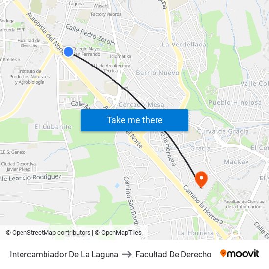 Intercambiador De La Laguna to Facultad De Derecho map