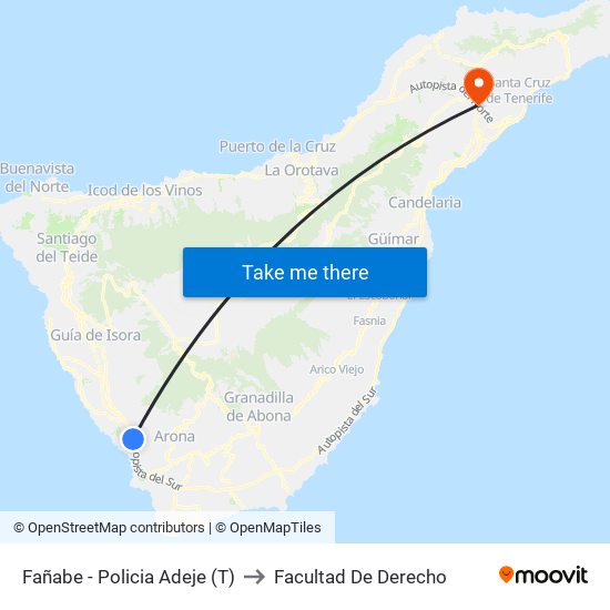 Fañabe - Policia Adeje (T) to Facultad De Derecho map