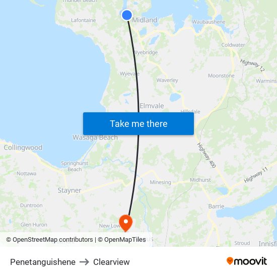 Penetanguishene to Clearview map