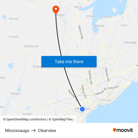Mississauga to Clearview map