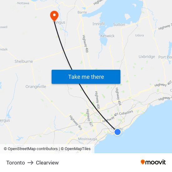 Toronto to Clearview map