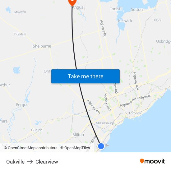 Oakville to Clearview map