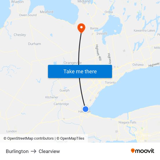 Burlington to Clearview map