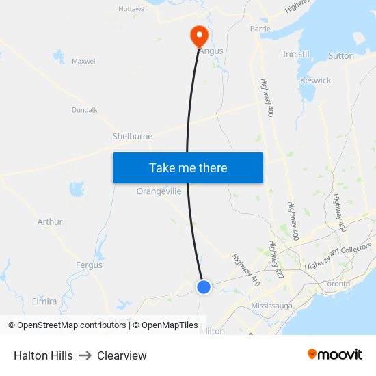 Halton Hills to Clearview map