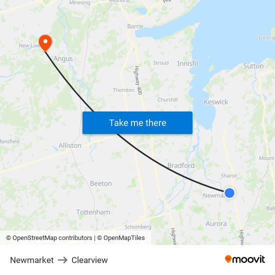 Newmarket to Clearview map