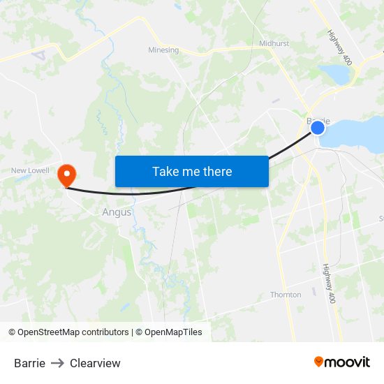 Barrie to Clearview map