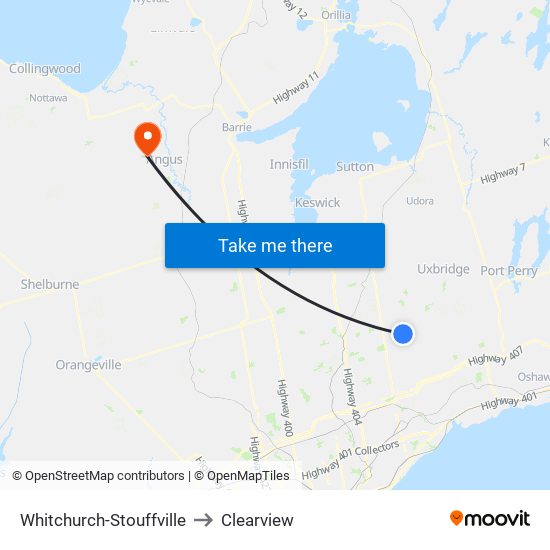Whitchurch-Stouffville to Clearview map