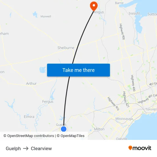 Guelph to Clearview map