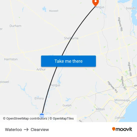 Waterloo to Clearview map