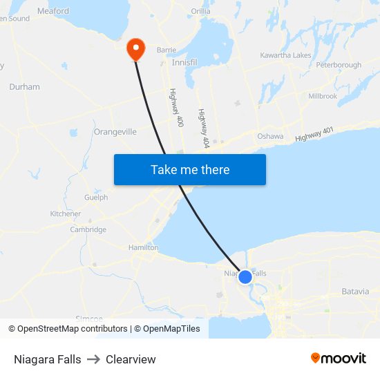 Niagara Falls to Clearview map