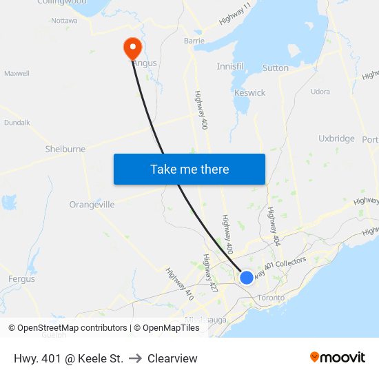 Hwy. 401 @ Keele St. to Clearview map