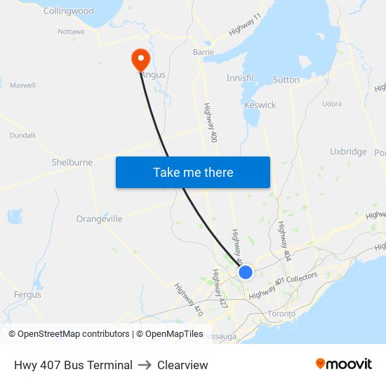 Hwy 407 Bus Terminal to Clearview map