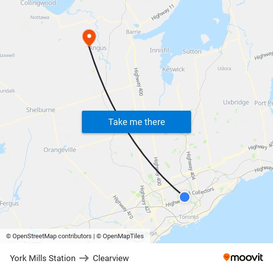 York Mills Station to Clearview map