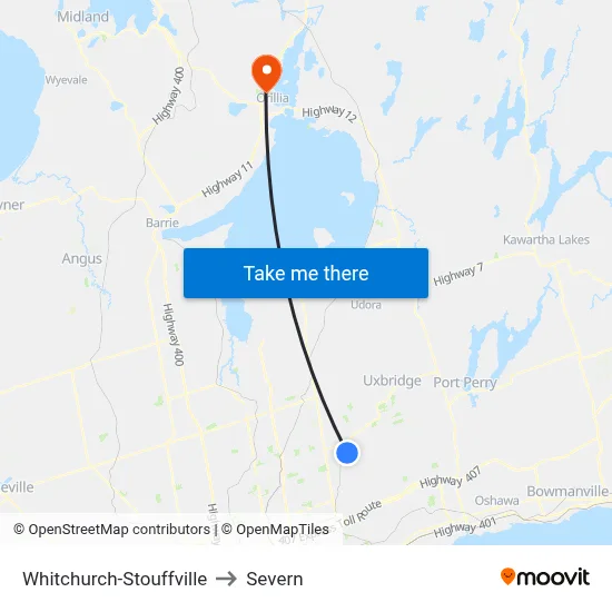 Whitchurch-Stouffville to Severn map
