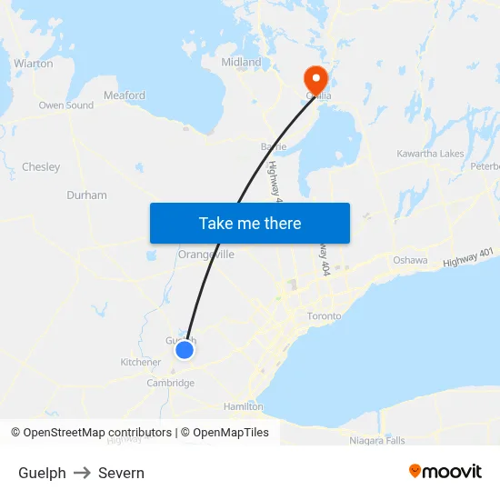 Guelph to Severn map