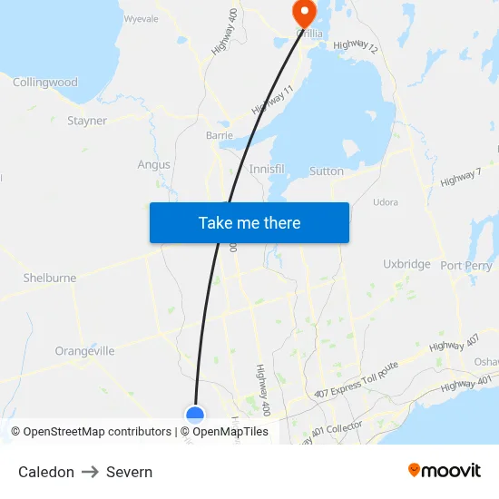 Caledon to Severn map