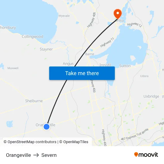 Orangeville to Severn map