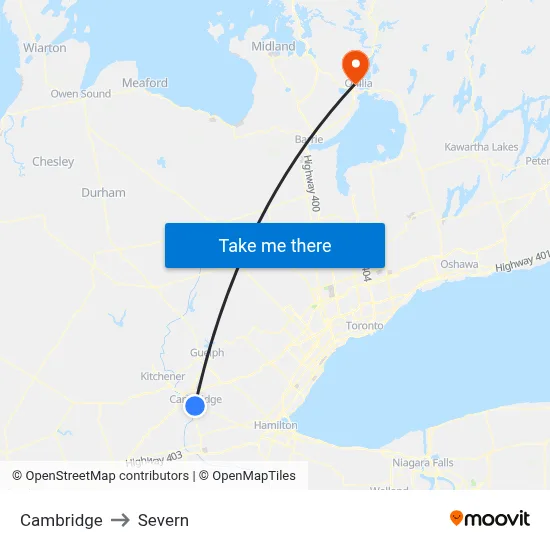 Cambridge to Severn map