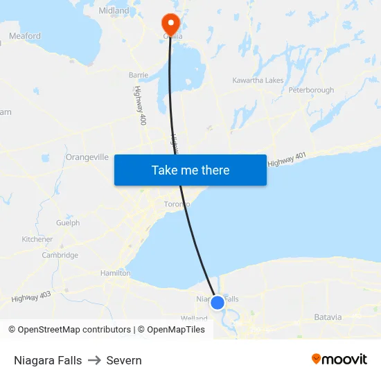 Niagara Falls to Severn map