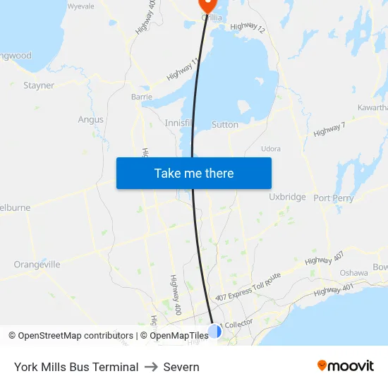 York Mills Bus Terminal to Severn map