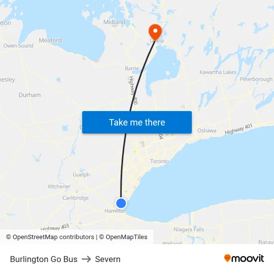 Burlington Go Bus to Severn map