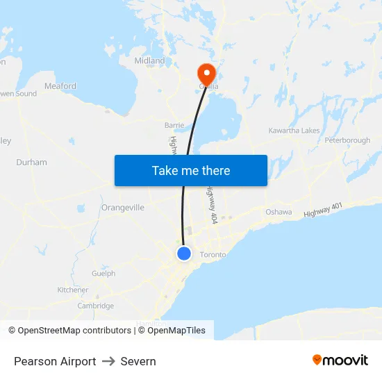 Pearson Airport to Severn map