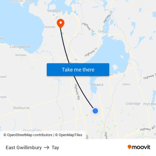 East Gwillimbury to Tay map