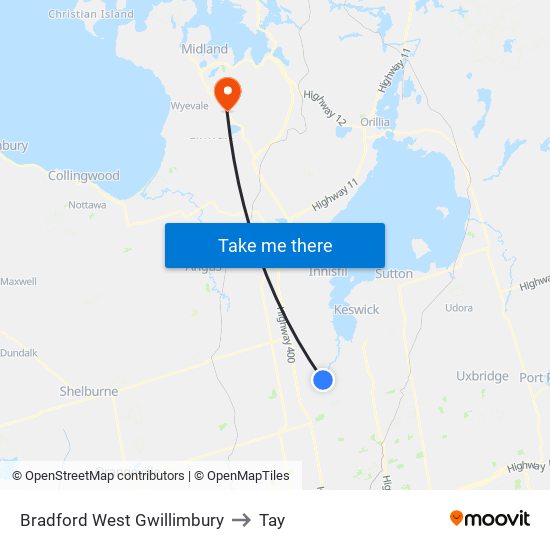 Bradford West Gwillimbury to Tay map